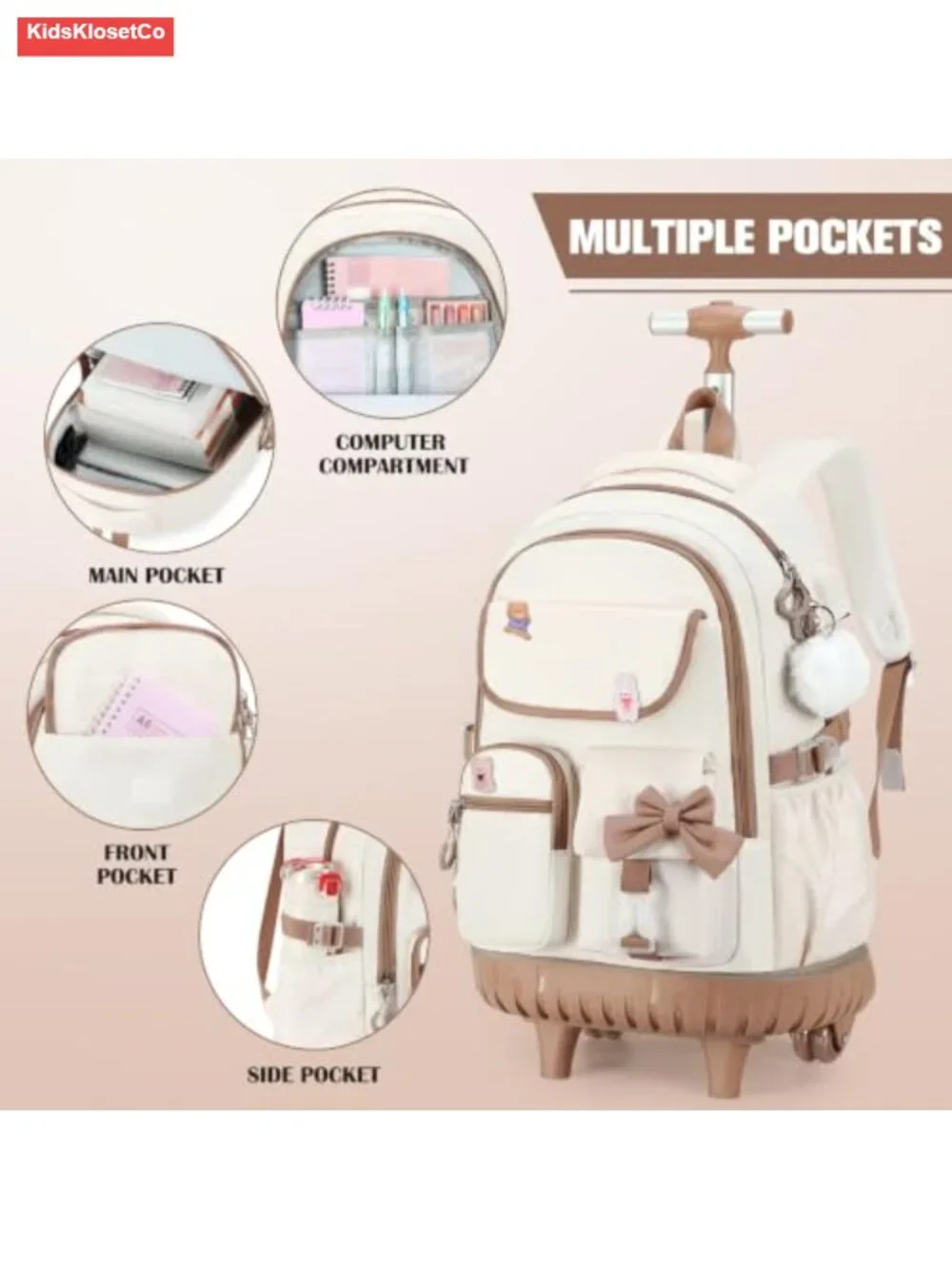 Rolling Backpack with Lunch Bag and Pencil Pouch, Foldable Wheeled School Bag